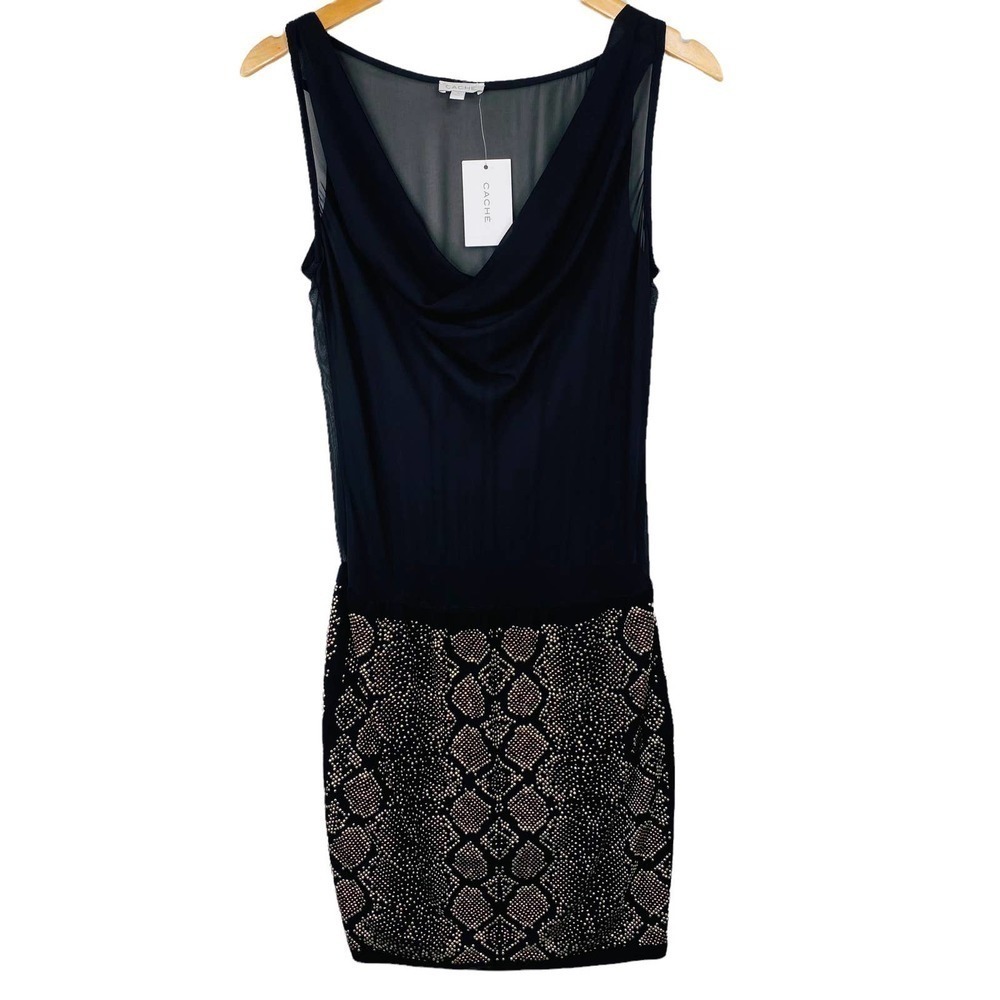 NWT Cache Sheer Shift Dress With Gold Studded Python Print Skirt-Small